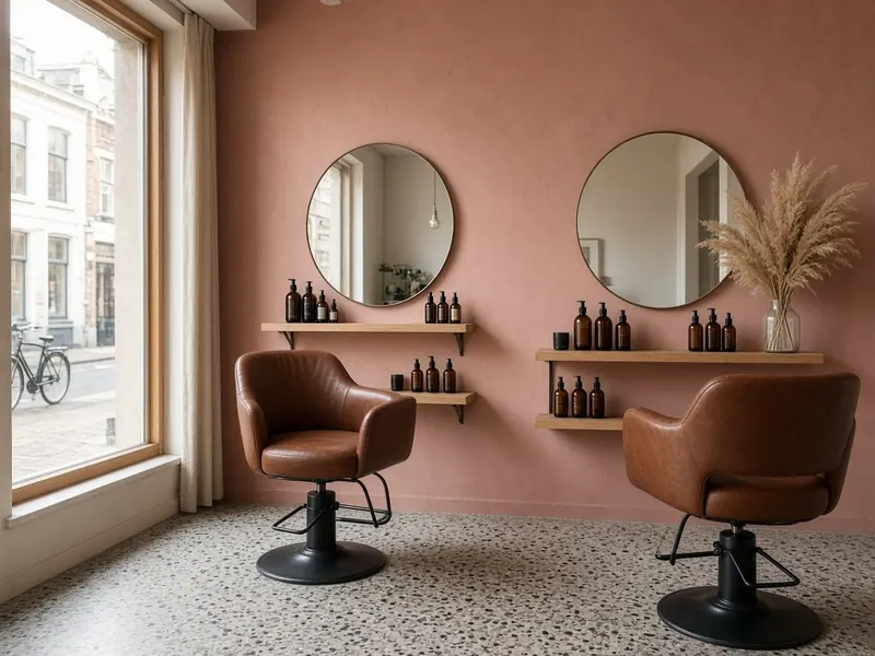 Lichte salon met twee bruine leren kappersstoelen voor ronde spiegels, een roze muur en een groot raam naar de straat