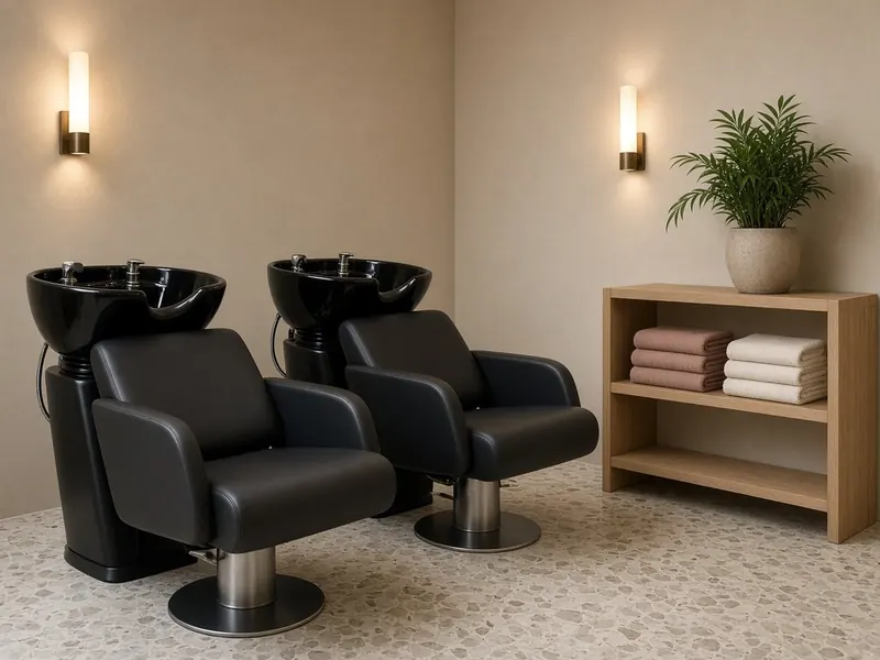 Washoek met twee zwarte wasbakken en stoelen, opgevouwen roze en witte handdoeken op een houten kast en een plant